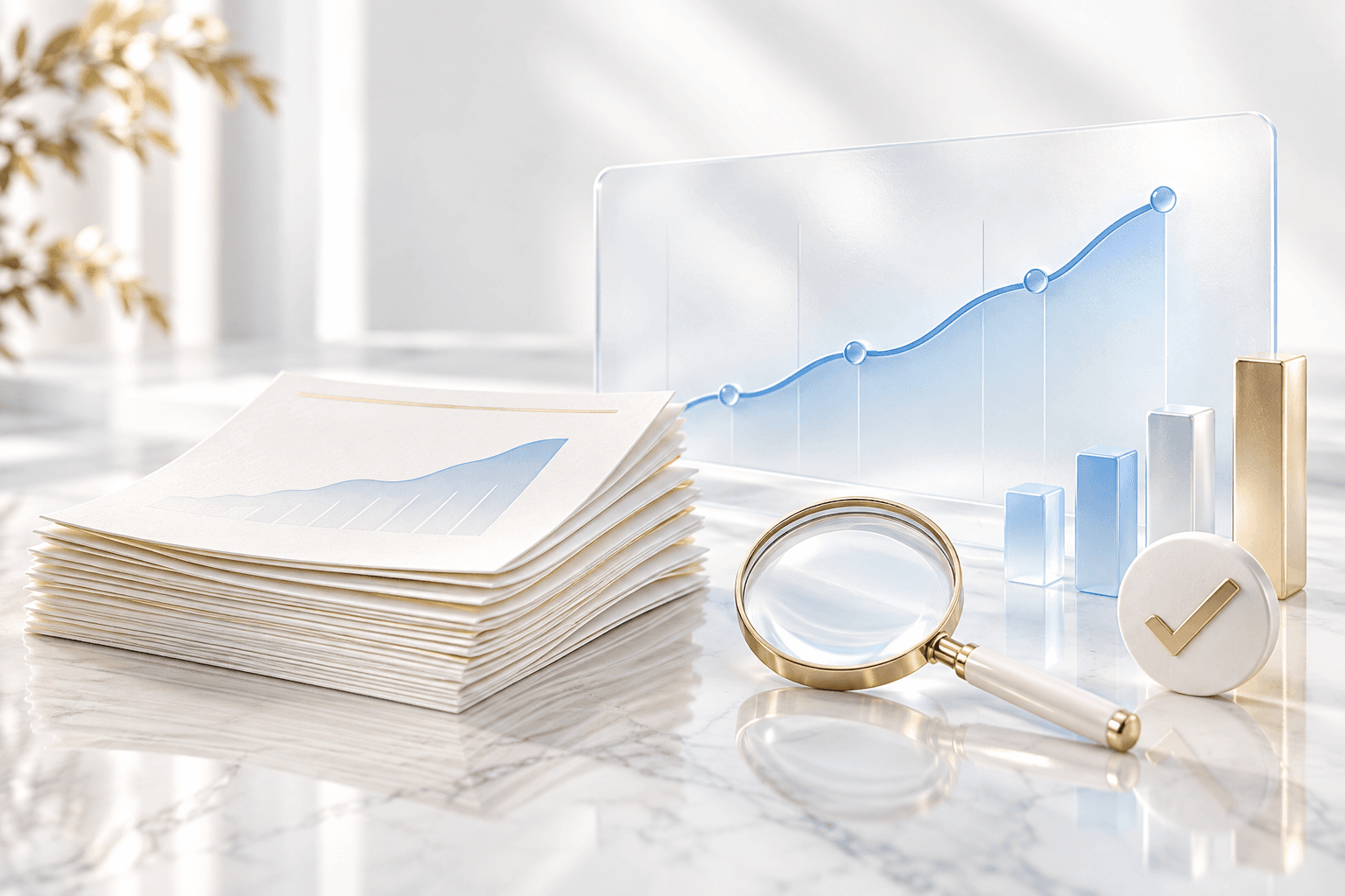 Illustration of SEO reports, a progress chart, and completed work